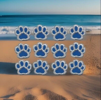 Metallic Silver Blue Paw Patch Tiny Embroidered Iron on Sew on Lot of 12 - Image 1 of 2