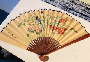 Vintage Chinese Hand Painted Folding Fan Birds Cherry Blossom  Open 35” Across - Picture 1 of 9