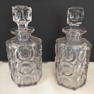 2 Antique Bulls Eye Hexagon Mod Decanters 8" Lg Perfume Liquor Wine Circle Glass - Picture 1 of 12