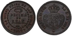 Spain - 1/10 Decima De Real 1850 - Copper, 3.16g, Ø 18mm Km#590 - Picture 1 of 1