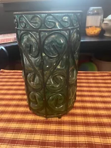 GREEN GLASS WITH BLACK METAL TRIM VASE/CANDLE HOLDER - Picture 1 of 8