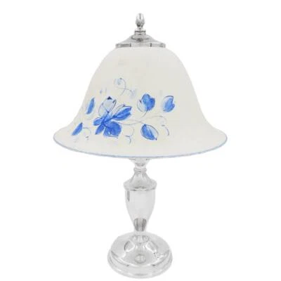 Lampada da Tavolo Abat Jour in Argento 800 con Paralume in Vetro Decorato  - Immagine 1 di 4