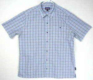 Patagonia Camicia Uomo XL Blu Plaid Manica Corta Bottoni Puckerware Seersucker - Foto 1 di 9