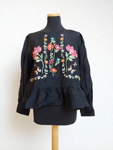 Schwarze Seiden Blumenstickerei Bluse von Zara, Gr. L (NEUw.) - Bild 1 von 6