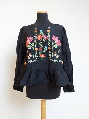 Schwarze Seiden Blumenstickerei Bluse von Zara, Gr. L (NEUw.) - Bild 1 von 4