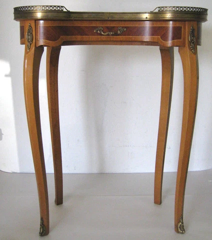 Antique End / Side / Tea Table Wood Brass Inlay Marble / Stone Top Made in Spain Cover