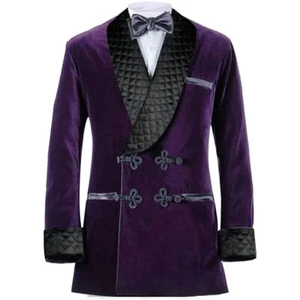 Retro Velvet Men Suit Jacket Shawl Lapel Long Blazer Double Breasted Dinner Coat - Picture 1 of 13