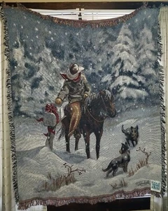 Winter Cowboy Horse Western Woven Tapestry Afghan Blanket - Picture 1 of 1
