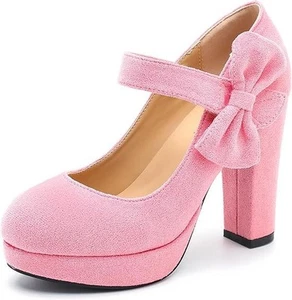 Women's T-Strap Mary Jane Pumps High Block Chunky Heel Wedding Dress Shoes Pink - Picture 1 of 1