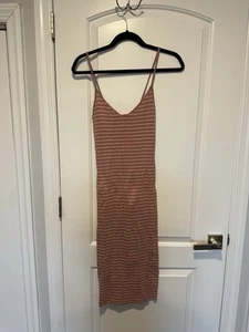 Forever 21 Pink white striped spaghetti strap v neck bodycon midi dress silt S - Picture 1 of 5