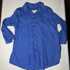 Caroline Rose 100% Linen Riviera Blue Button Down Shirt Sz MP Petite 3/4 Sleeve - Picture 1 of 6