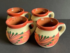 Vintage Redware Mugs Cups Hand Painted Southwest Glazed Interior Set of 4 Mexico - Picture 1 of 10