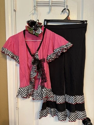 NWT Boutique Girls 6 Pink Black Stripes Ruffle Lace Tie Top Pants Set W/ Bow - Image 1 of 4
