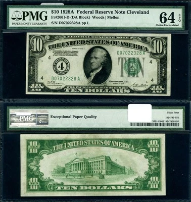 FR. 2001 D $10 1928-A Federal Reserve Note Cleveland D-A Block Choice PMG CU64 E - Image 1 of 3