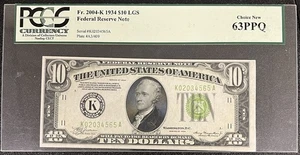 1934 Ten Dollar Federal Reserve Note $10 Bill Graded PCGS Choice New 63PPQ 94694 - Picture 1 of 2