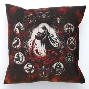 Aquarius Hell's Zodiac Cushion, Double-Sided, Gothic Astrology Blood Skulls Fire - Picture 1 of 7