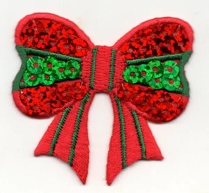 RED SEQUIN BOW Iron On Patch Holidays Christmas - Picture 1 of 1