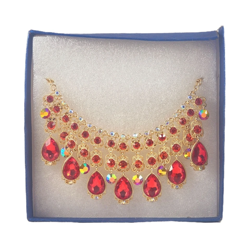 女士项链红色蓝宝石模拟水晶金色女孩服装珠宝首饰 — 第 1/1 张图片