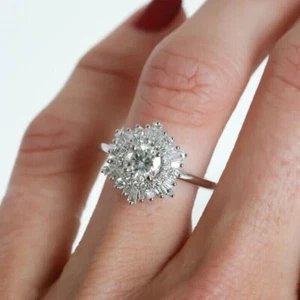 Round Cut Diamond Antique Halo Art Deco Engagement Ring 14k White Gold Finish - Picture 1 of 8