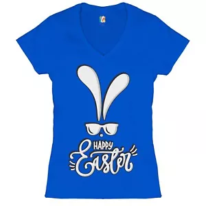 Happy Easter Bunny Ears Women's V-Neck T-shirt Religious Jesus Christ Tee - Picture 1 of 77
