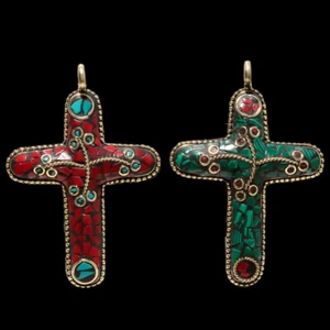 RED CORAL & MALACHITE GEMSTONE NEPALI GOLD PLATED 2PIC CROSS PENDANT 3.1" - Picture 1 of 1