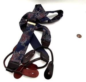 Silk & Leather Button Suspenders Braces Paisley Blue W Germany Stretch - Picture 1 of 6