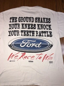 Vintage Ford Racing T Shirt GROUND SHAKING Graphic Print White Large Cotton - Picture 1 of 10