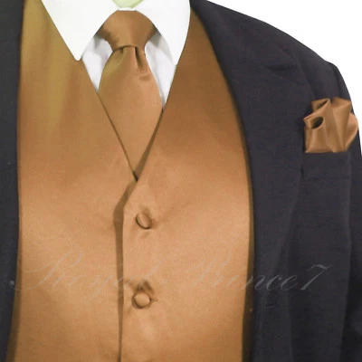 Tan Gold Men's Solid Vest Waistcoat and Neck Tie SET Suit or Tuxedo Formal Prom - Image 1 of 4