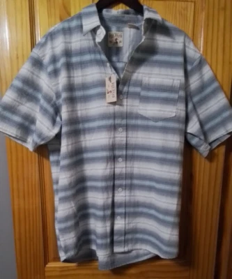Red Head Shirt Mens Large Blue White Striped Chambray Style Short Sleeve Pockets - Image 1 of 4