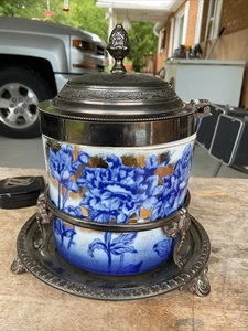 Antike Royal Doulton Flow blau & geschwammte Gold Keks-/Knackerdose im Ständer - Bild 1 von 13