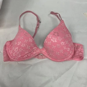 PINK Victoria's Secret Scoopneck Bra Size 36/80 B Pink Floral Lace Push Up - Picture 1 of 4
