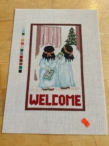 Handpainted Needlepoint Canvas 14 ct Little Girls w/ Bibles Welcome Christmas - Picture 1 of 6