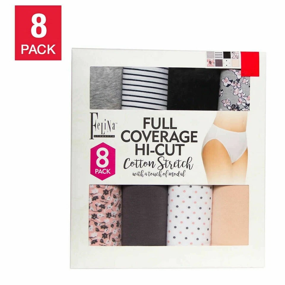 Felina Full Coverage Hi-Cut Cotton Stretch 8-Pk--Multicolored--Size:Variety--NEW - Image 1 of 3