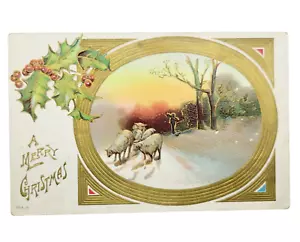 A Merry Christmas Sheep Lambs Shepherd Snowy Holly Berries 1910s Postcard Used - Picture 1 of 2