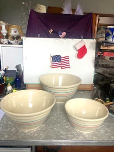 MCCOY YELOW WARE MATCHING PINK & BLUE STRIP SET OF 3 DIFFERENT SIZE MIXING BOWLS - Picture 1 of 7