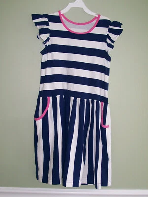 Vestido Kelly’s Kids azul marinho listra branca acabamento rosa bolsos meninas jovens tamanho 10-12 - Imagem 1 de 4