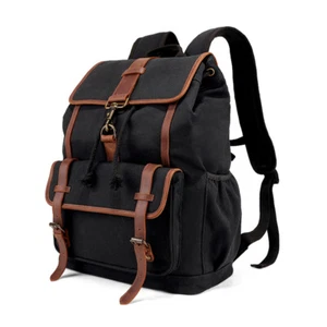 Vintage Herren Canvas Wander Reiserucksack Echtleder Tasche Rucksack Umhängetasche - Bild 1 von 25