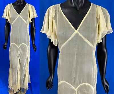 Maxi Vestido Vintage 1930 Amarillo Seda Transparente Gasa Pañuelo Manga Corte Sesgado Foto 1 de 3