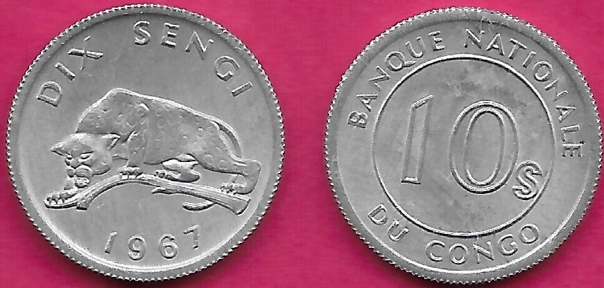 CONGO DEMOCRATIC REP 10 SENGI =1/10 LIKUTA 1967 UNC 1 YEAR TYPE,LEOPARD CROUCHIN - Image 1 of 1