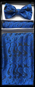 New Men's ROYAL BLUE Cummerbund & Butterfly Style Bowtie & Pocket Square Hanky - Picture 1 of 1