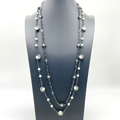 Collar Estación Doble Hilo WHBM Gunmetal Perlas Simuladas Media Luna Estrella Foto 1 de 4