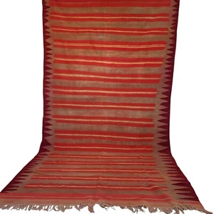Vintage Handmade Moroccan Fringe Rug Reddish Tan Striped Beige Wool Carpet - Picture 1 of 24