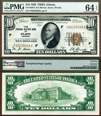 1929 $10 Federal Reserve Bank Note PMG CU64EPQ FR-1860-F Atlanta Georgia - Image 1 of 3