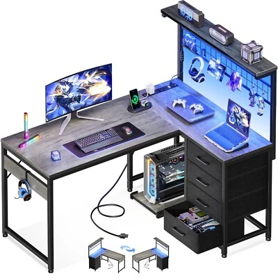 Office Table Reversible Computer Desk L Shaped Gaming Desk w/ Hook & LED Lights - Image 1 of 4