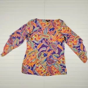 Top Ralph Lauren donna medio paisley viola rosa arancione manica a campana seta boho - Foto 1 di 17