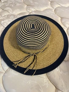 Cappelli Straworld Straw Hat Floppy Beach Navy Blue Trim Wide Brim Sun Hat - Picture 1 of 8