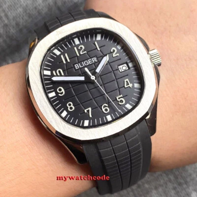 Relógio masculino automático 40mm BLIGER mostrador preto Japão NH35A pulseira de borracha de safira - Imagem 1 de 4