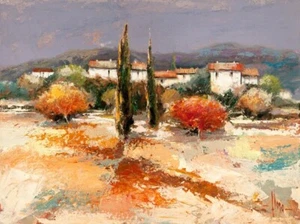 Quadro LUIGI FLORIO Borgo nel Sole Paesaggio Stampa su Mdf Tela Swarovski Arredo - Foto 1 di 1
