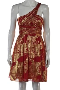 Aidan Mattox Dress Size 2 Red Gold Sheath Silk Knee Length One Shoulder - Picture 1 of 4