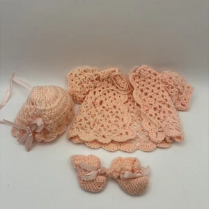 Vintage Handmade Crochet Baby Doll Outfit Pink-Sweater, Booties & Hat - Picture 1 of 11
